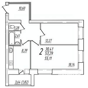 2-к квартира, вторичка, 55м2, 8/9 этаж