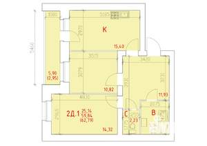 2-к квартира, строящийся дом, 63м2, 1/16 этаж