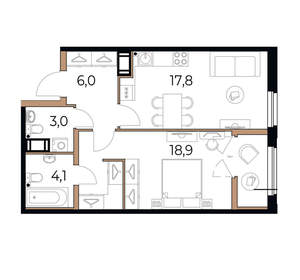 1-к квартира, вторичка, 52м2, 7/17 этаж
