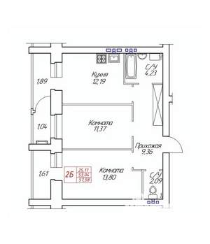 2-к квартира, строящийся дом, 58м2, 1/8 этаж