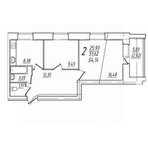 2-к квартира, вторичка, 54м2, 6/9 этаж