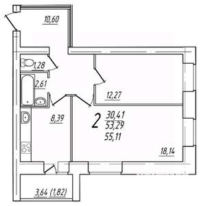 2-к квартира, вторичка, 55м2, 5/9 этаж