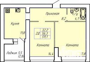 2-к квартира, строящийся дом, 59м2, 1/15 этаж