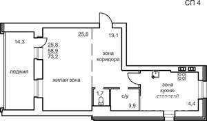 1-к квартира, вторичка, 73м2, 3/4 этаж