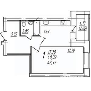 1-к квартира, вторичка, 42м2, 4/9 этаж
