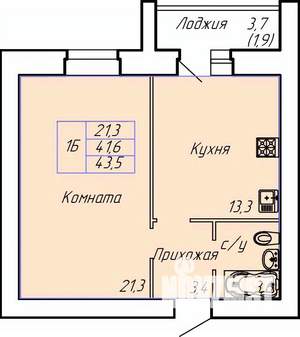 1-к квартира, строящийся дом, 44м2, 1/15 этаж