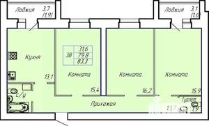 3-к квартира, строящийся дом, 83м2, 2/15 этаж