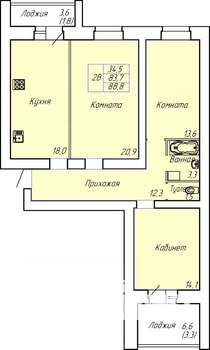 2-к квартира, строящийся дом, 89м2, 2/15 этаж
