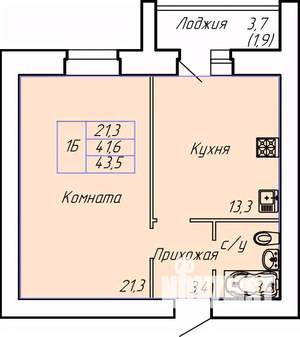 1-к квартира, строящийся дом, 44м2, 5/15 этаж