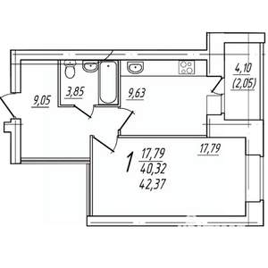 1-к квартира, вторичка, 42м2, 7/9 этаж