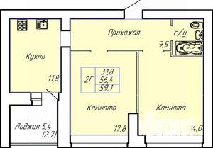 2-к квартира, строящийся дом, 59м2, 2/15 этаж