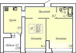 2-к квартира, строящийся дом, 58м2, 2/15 этаж