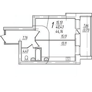 1-к квартира, вторичка, 44м2, 5/9 этаж