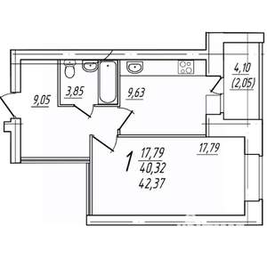 1-к квартира, вторичка, 42м2, 8/9 этаж