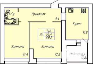 2-к квартира, строящийся дом, 59м2, 1/15 этаж