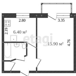 1-к квартира, вторичка, 29м2, 2/5 этаж