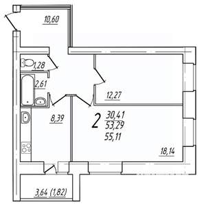 2-к квартира, вторичка, 55м2, 3/9 этаж