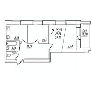 2-к квартира, вторичка, 54м2, 8/9 этаж