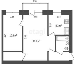 2-к квартира, вторичка, 43м2, 3/5 этаж