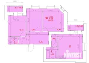 3-к квартира, строящийся дом, 89м2, 13/16 этаж