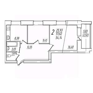 2-к квартира, вторичка, 54м2, 9/9 этаж