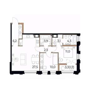 2-к квартира, вторичка, 70м2, 7/17 этаж