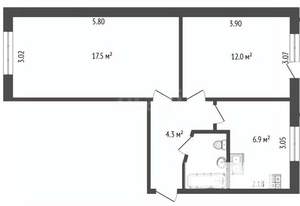 2-к квартира, вторичка, 44м2, 1/5 этаж