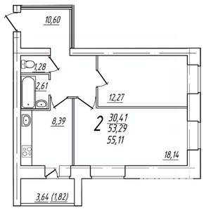 2-к квартира, вторичка, 55м2, 9/9 этаж