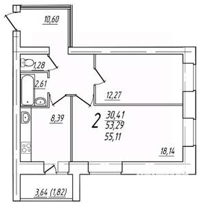 2-к квартира, вторичка, 55м2, 4/9 этаж