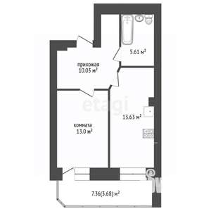 1-к квартира, сданный дом, 46м2, 3/16 этаж