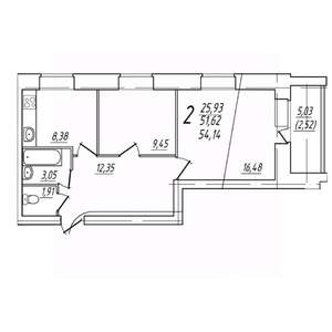 2-к квартира, вторичка, 54м2, 7/9 этаж