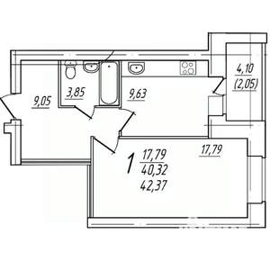 1-к квартира, вторичка, 42м2, 9/9 этаж
