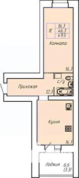 1-к квартира, строящийся дом, 50м2, 5/15 этаж