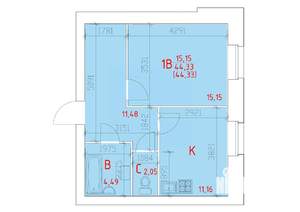 1-к квартира, строящийся дом, 44м2, 1/16 этаж