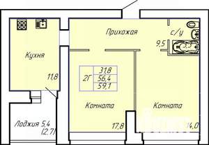 2-к квартира, строящийся дом, 59м2, 1/15 этаж