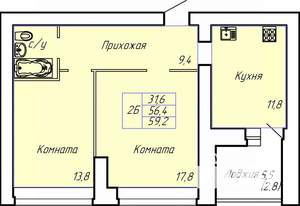 2-к квартира, строящийся дом, 59м2, 5/15 этаж