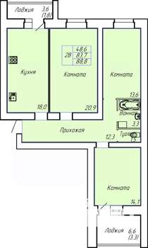 2-к квартира, строящийся дом, 89м2, 1/15 этаж