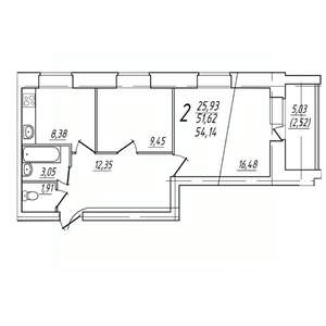2-к квартира, вторичка, 54м2, 5/9 этаж
