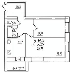 2-к квартира, вторичка, 55м2, 2/9 этаж
