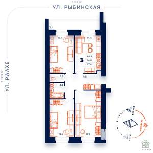 3-к квартира, строящийся дом, 77м2, 13/15 этаж