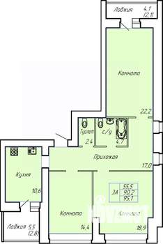 3-к квартира, строящийся дом, 95м2, 2/15 этаж