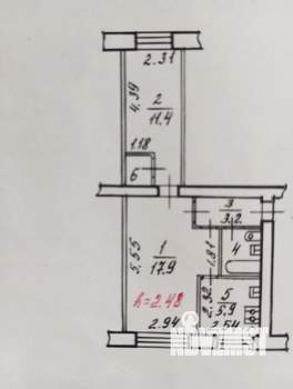 2-к квартира, вторичка, 43м2, 2/5 этаж
