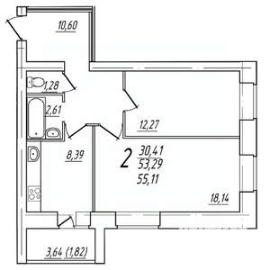 2-к квартира, вторичка, 55м2, 7/9 этаж
