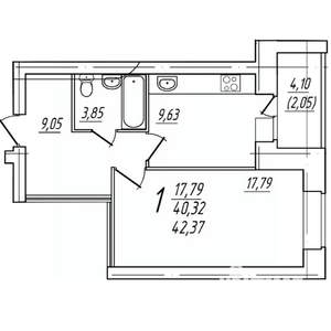 1-к квартира, вторичка, 42м2, 3/9 этаж