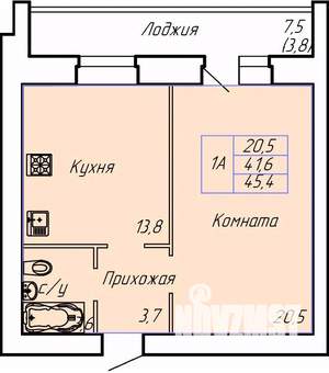 1-к квартира, строящийся дом, 45м2, 7/15 этаж