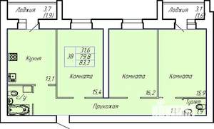 3-к квартира, строящийся дом, 83м2, 3/15 этаж