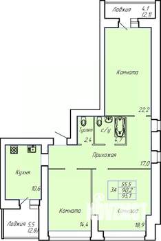 3-к квартира, строящийся дом, 95м2, 1/15 этаж