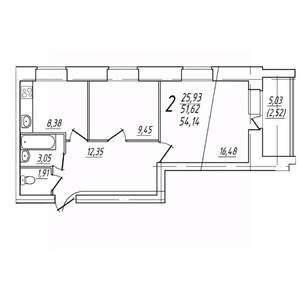 2-к квартира, вторичка, 54м2, 4/9 этаж