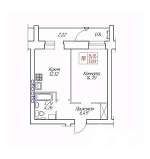 1-к квартира, вторичка, 41м2, 1/8 этаж