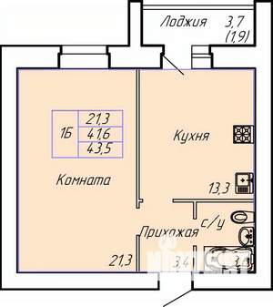 1-к квартира, строящийся дом, 44м2, 3/15 этаж